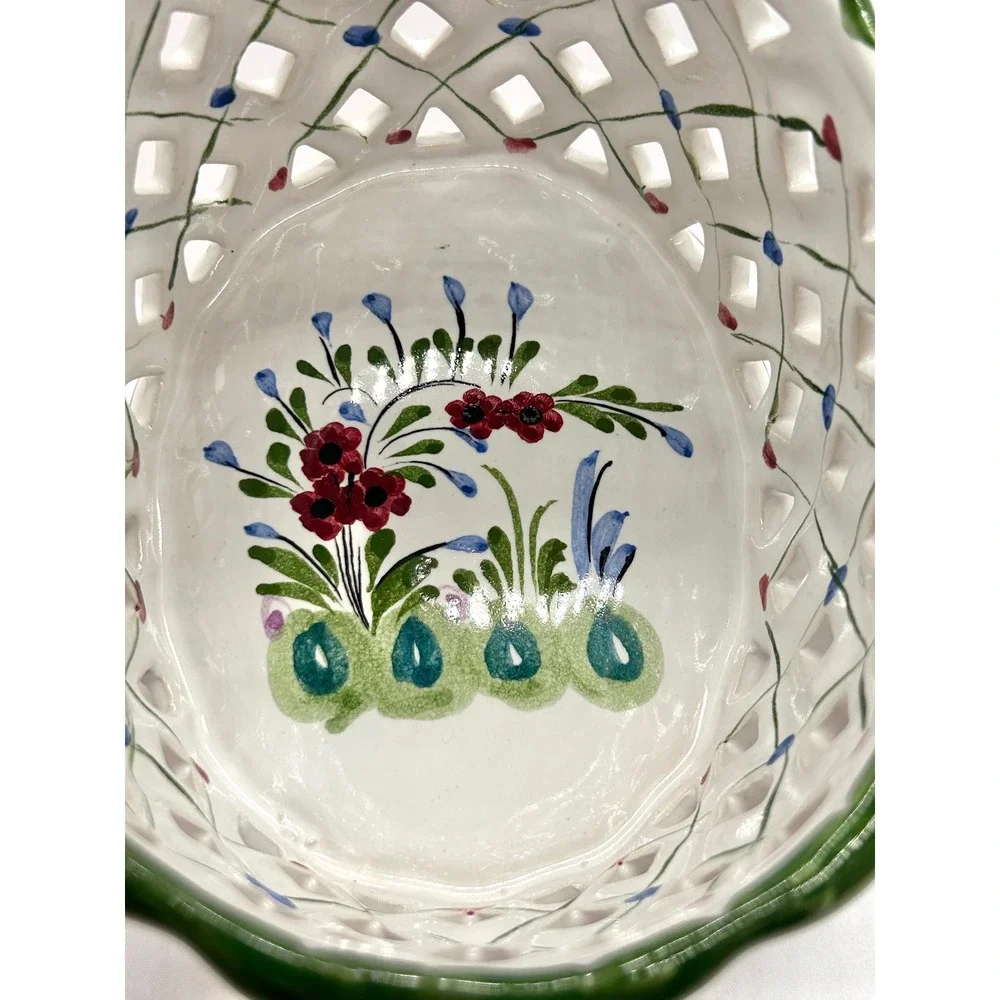 RCCL Hand Painted Portugal Ceramic Lattice Basket Floral Twisted Handle Floral